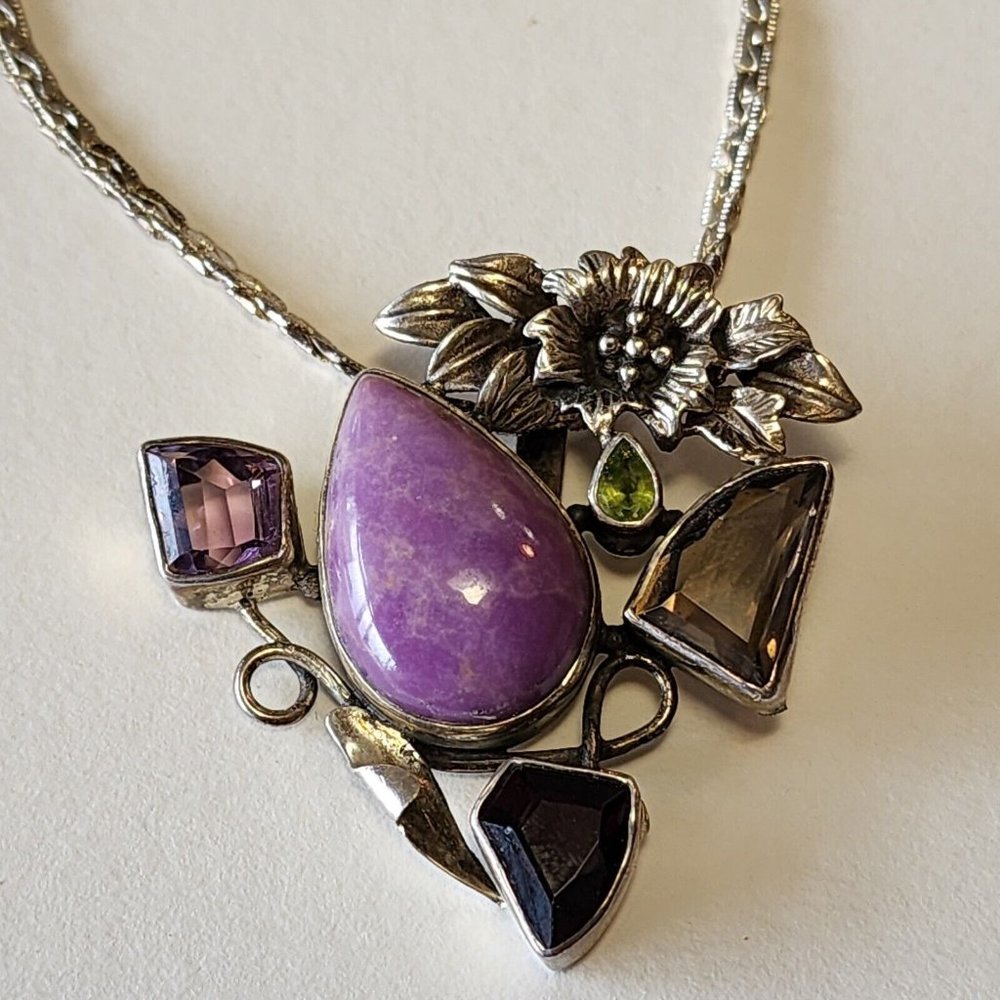 Vintage Sterling 925 Pendant Semi-precious Stones Floral Silver Work With 24... - Picture 2 of 16